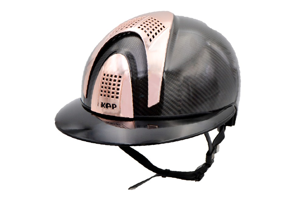 E-LIGHT CARBON HELMET GLOSSY BLACK WITH GLOSSY BLACK POLO VISOR AND 3 ROSE GOLD INSERTS