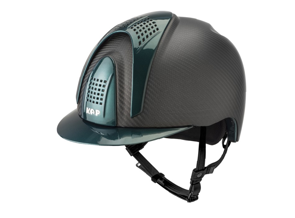 E-LIGHT CARBON HELMET MATT BLACK WITH METALLIC GREEN VISOR AND 3 METALLIC GREEN BOLTS