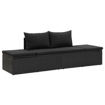 Sunbed with Cushions in Black Polyrattan