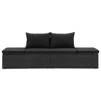 Sunbed with Cushions in Black Polyrattan