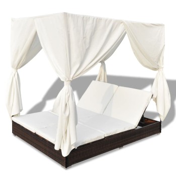 Sunbed with Brown Polyrattan Curtains