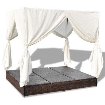 Sunbed with Brown Polyrattan Curtains