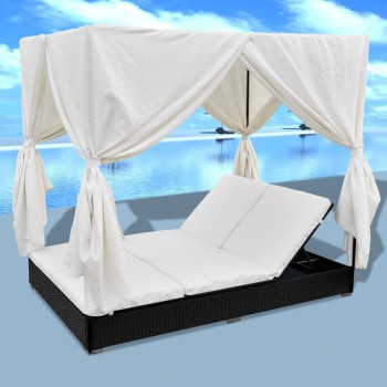 Sunbed with Brown Polyrattan Curtains