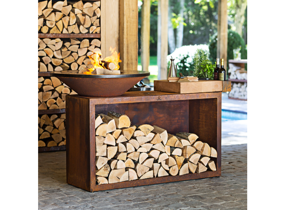 OFYR ISLAND - BARBECUE BRAZIER WITH WOOD HOLDER AND TEAK WOOD SUPPORT TOP