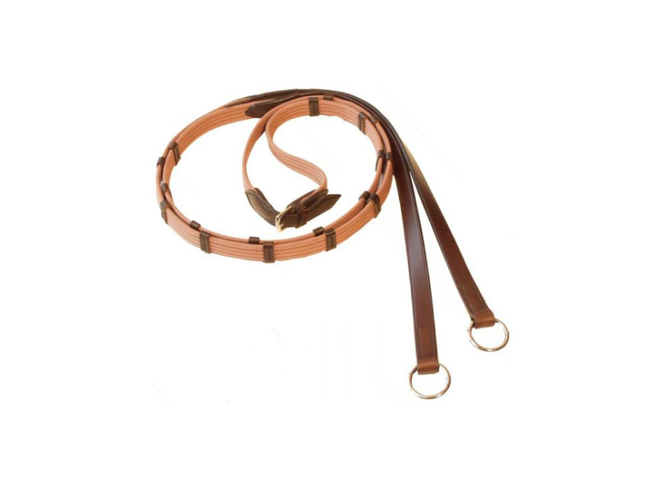 Fabric reins with 9 leather clips and rings.