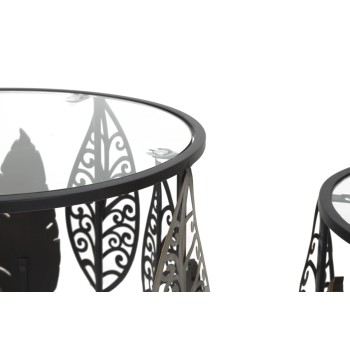 IRON AND WOOD TABLES WITH LEAVES, PAIR