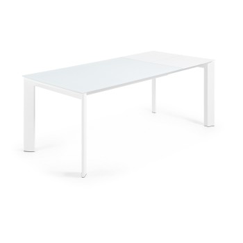 Axis extendable table in white glass and white glass legs 200cm