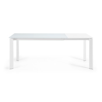 Axis extendable table in white glass and white glass legs 200cm