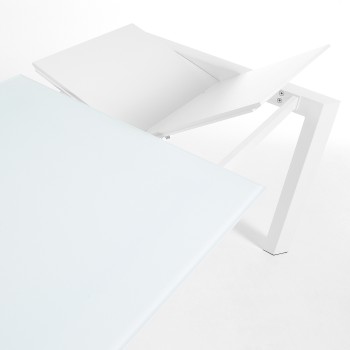 Axis extendable table in white glass and white glass legs 200cm