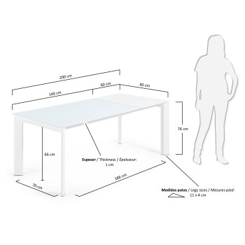 Axis extendable table in white glass and white glass legs 200cm