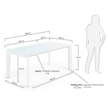 Axis extendable table in white glass and white glass legs