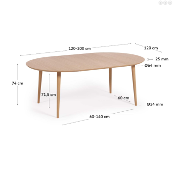 Oqui round extendable table in oak veneer Ø120