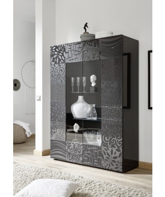 Showcase with 2 doors in MIRO glass 121x166x43 cm in gray colour